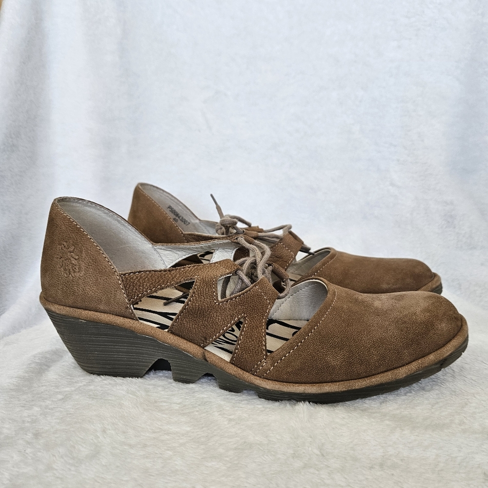 FLY London Leather Tie Front Wedges Phis Sand Women’s Size 40 US 9-9.5